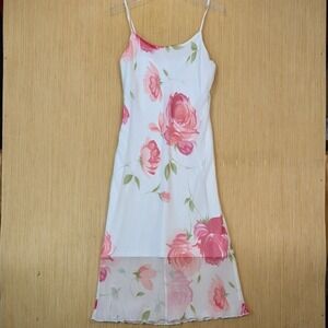 Studio Y Vintage 90s Floral Slip Dress Pink Rose White Mesh Hem Midi Size 9
